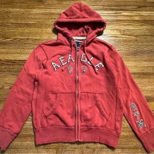 Mens American Eagle Y2K Red/Grey Full Zip Hoodie Embroidered Size L